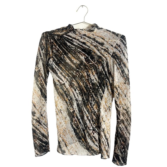 Zara Printed Draped Tulle Top Mesh Long Sleeves Shirt Size S - Picture 2 of 5